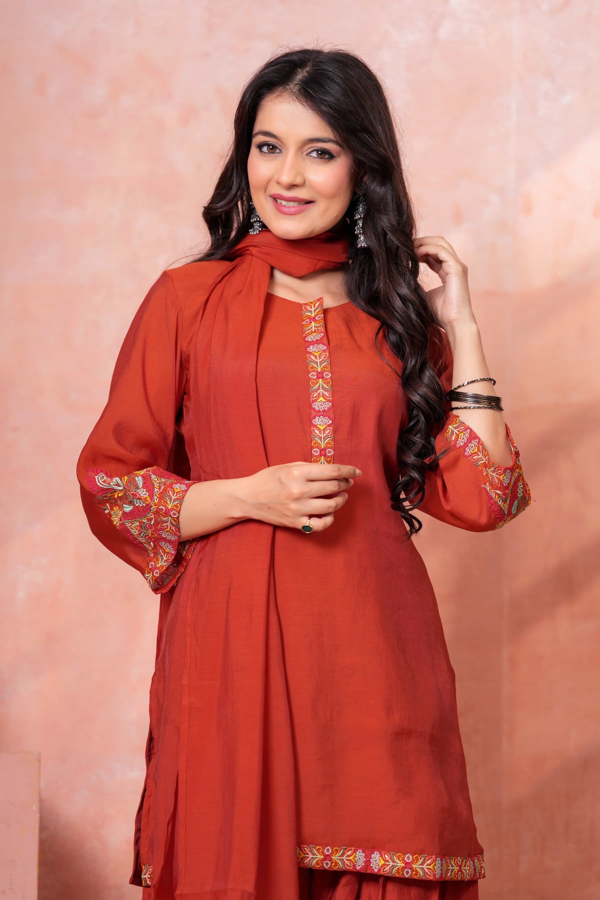 Rust Floral Embroidered Kurta Set