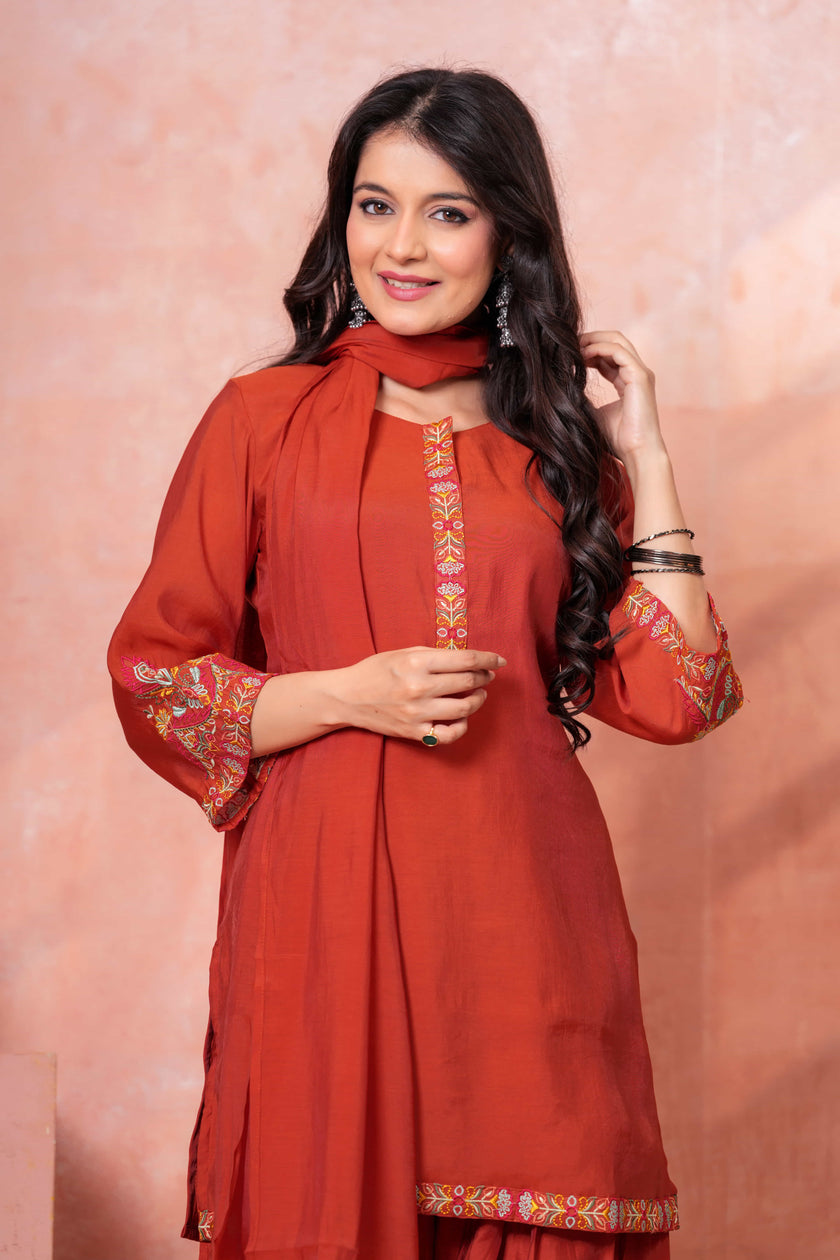 Rust Floral Embroidered Kurta Set