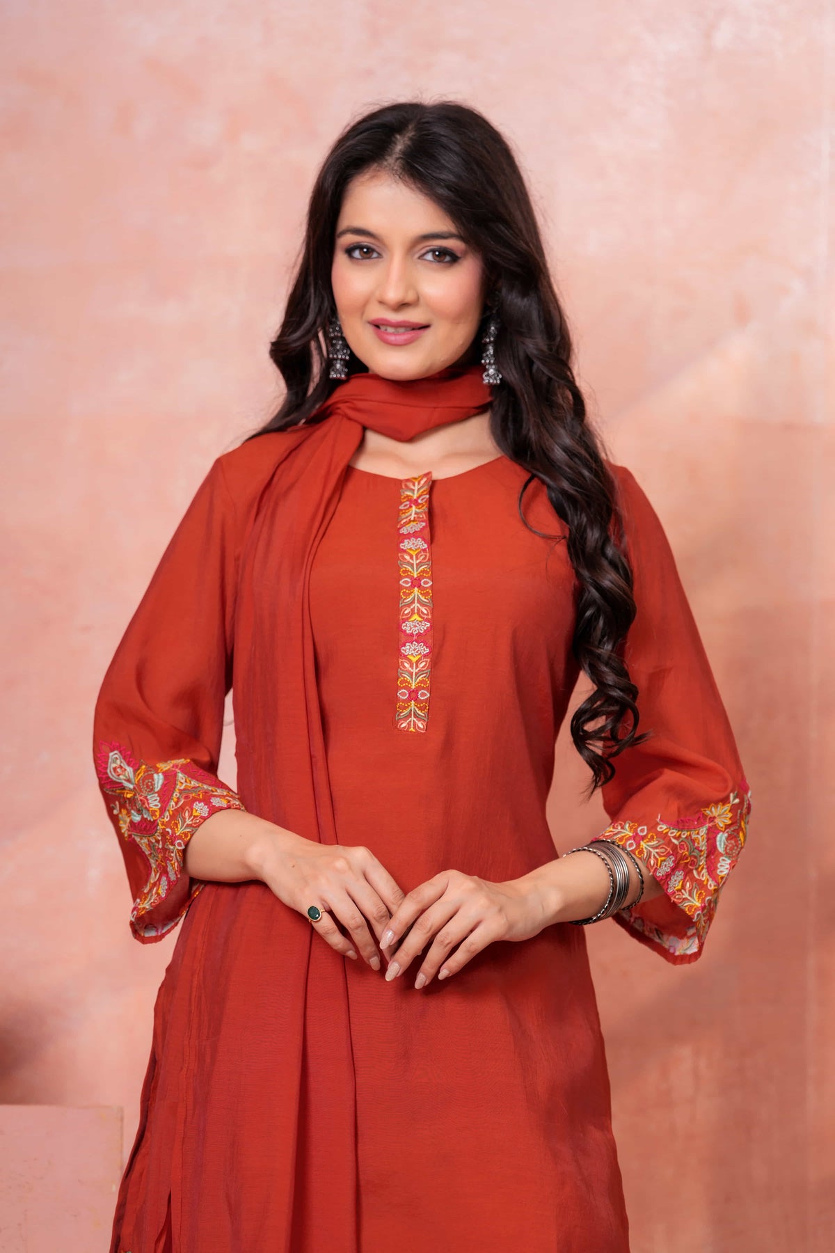 Rust Floral Embroidered Kurta Set