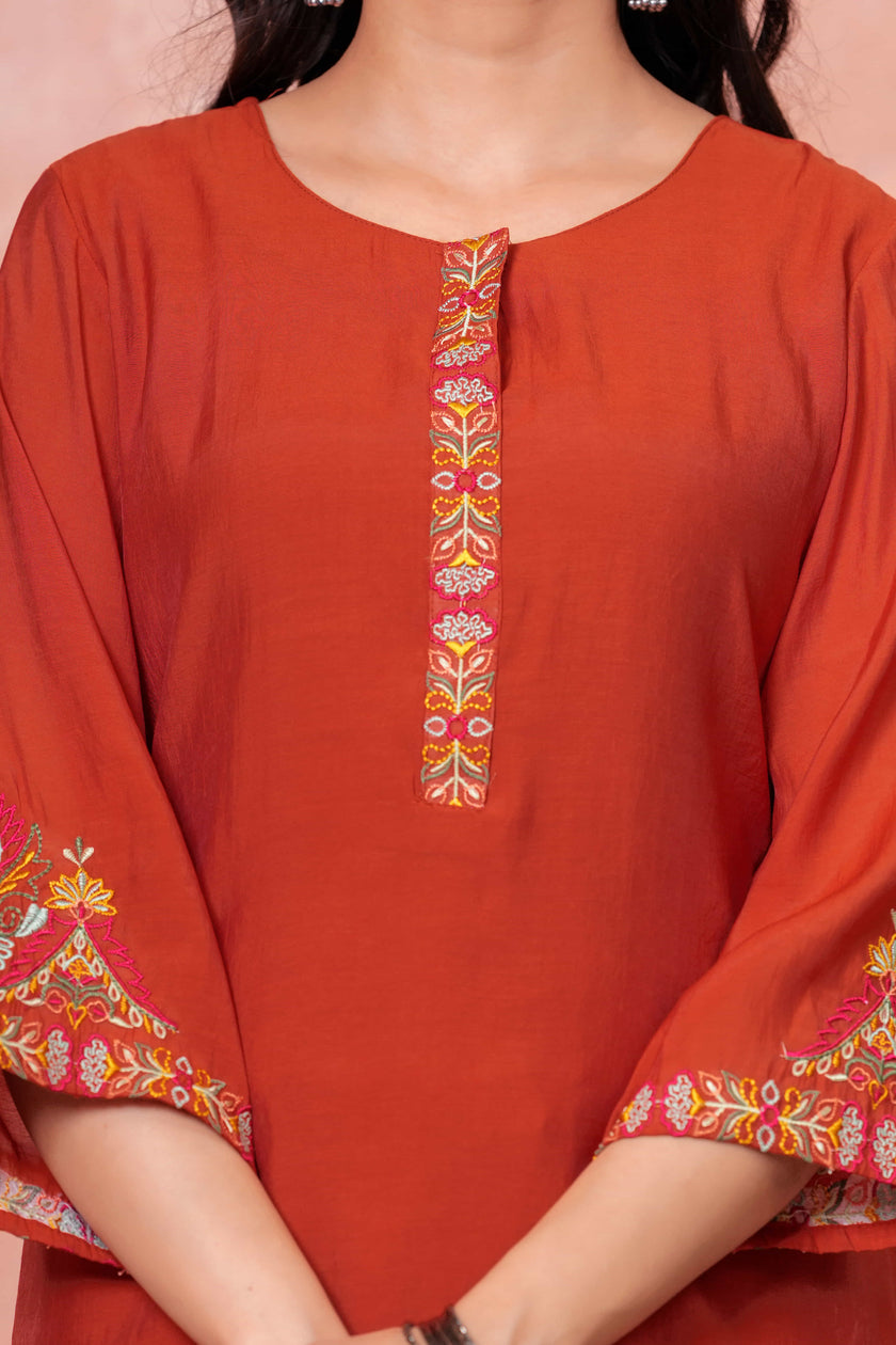 Rust Floral Embroidered Kurta Set