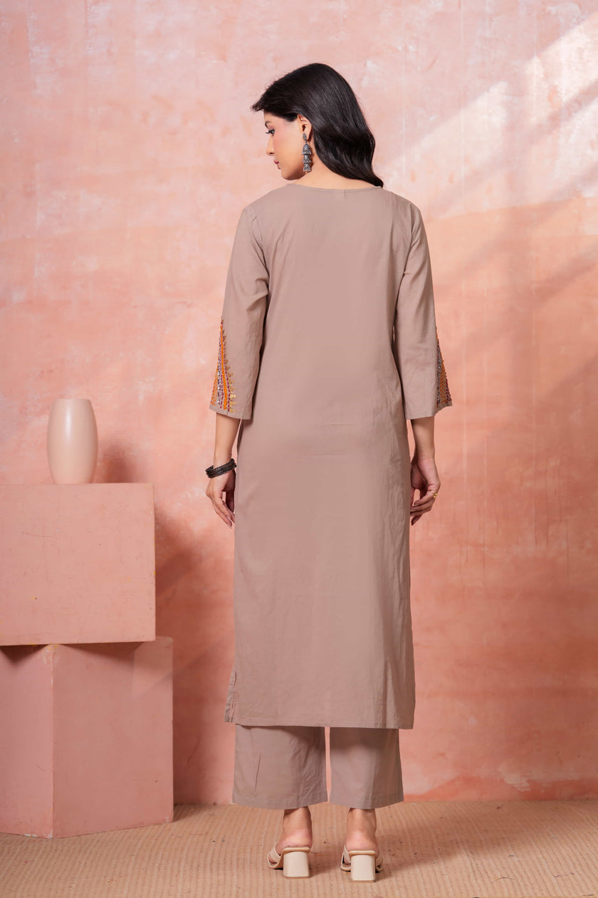 Saanjh Taupe Embroidered Kurta Set