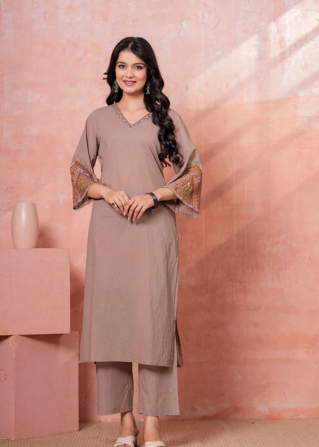 Saanjh Taupe Embroidered Kurta Set