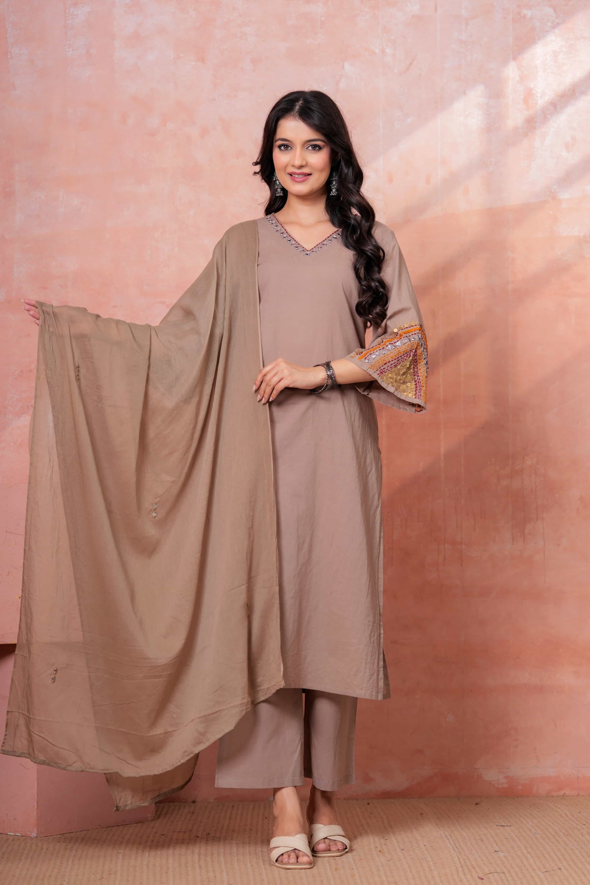 Saanjh Taupe Embroidered Kurta Set