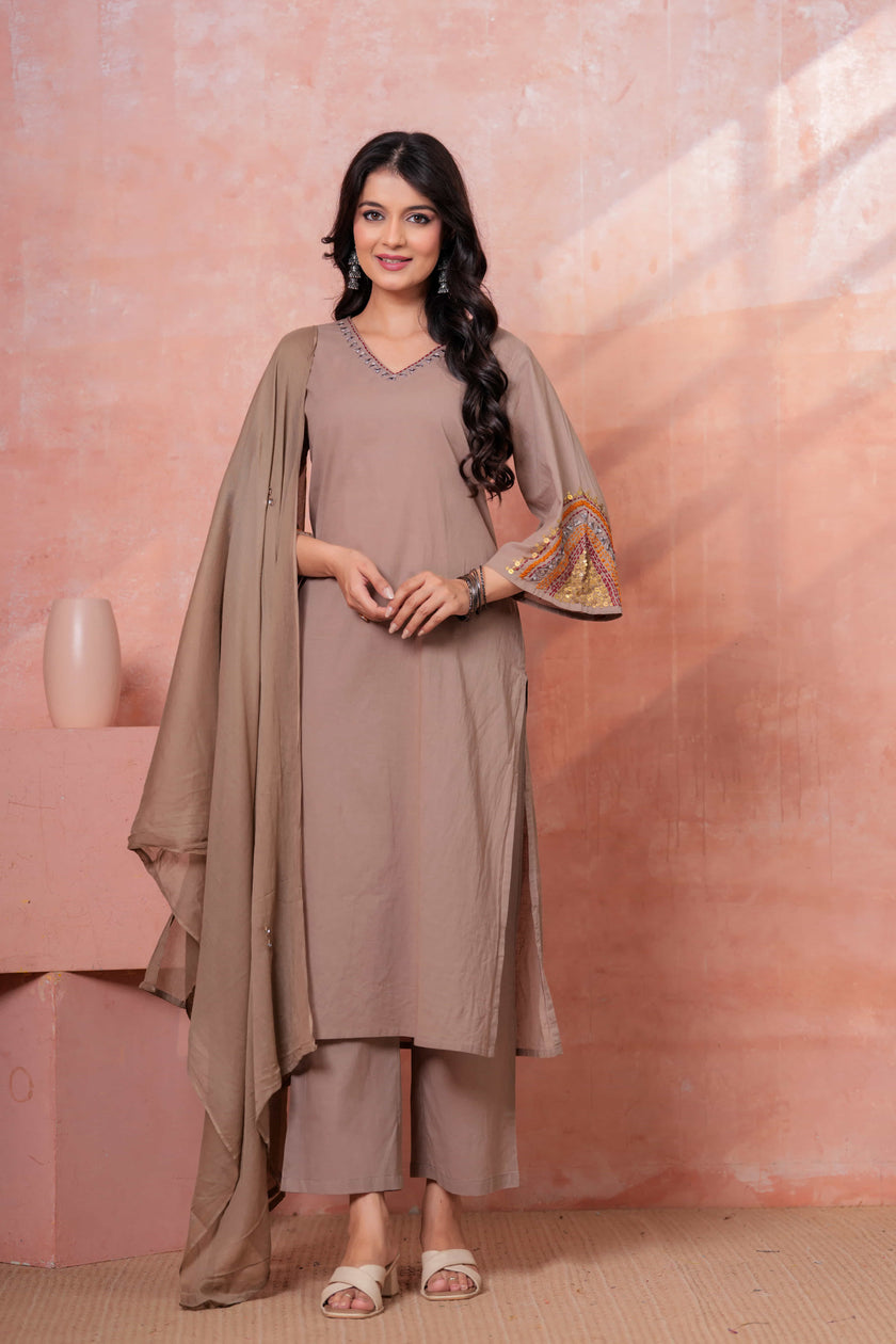 Saanjh Taupe Embroidered Kurta Set