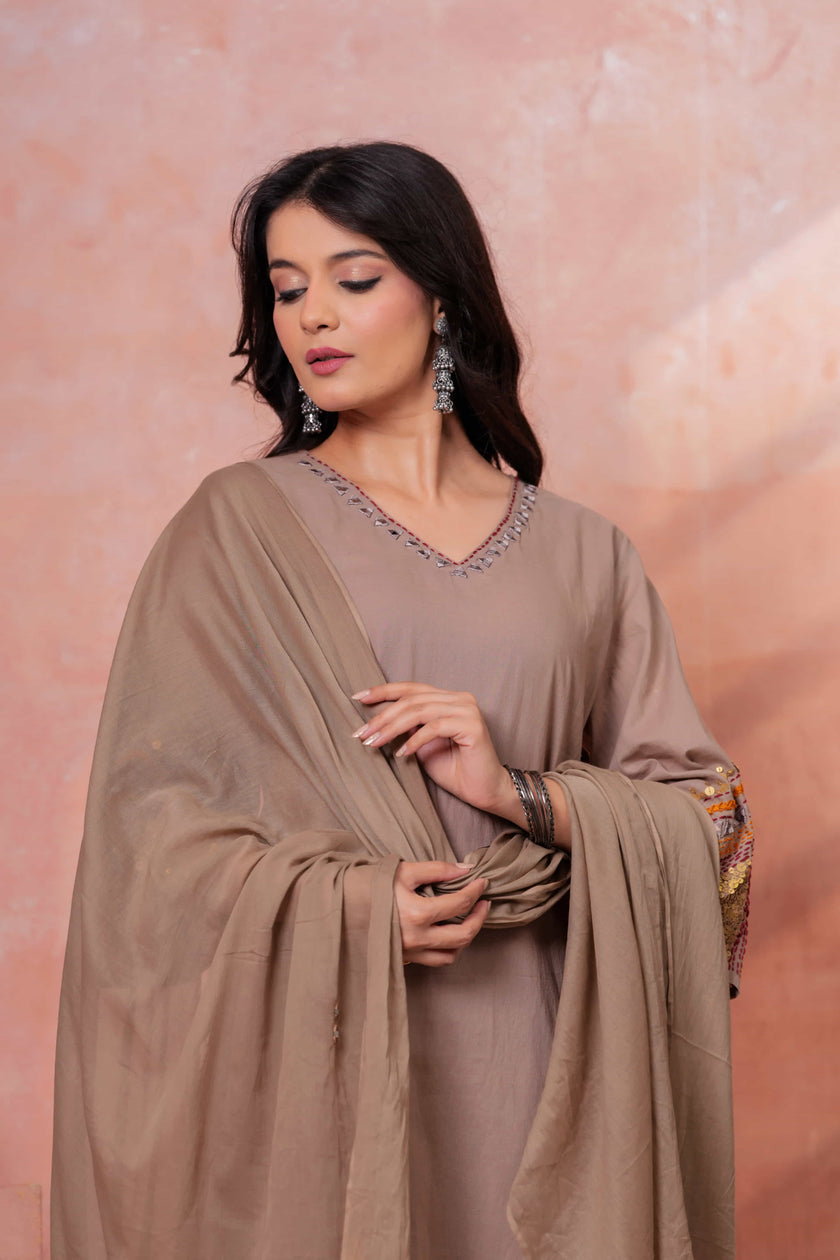 Saanjh Taupe Embroidered Kurta Set