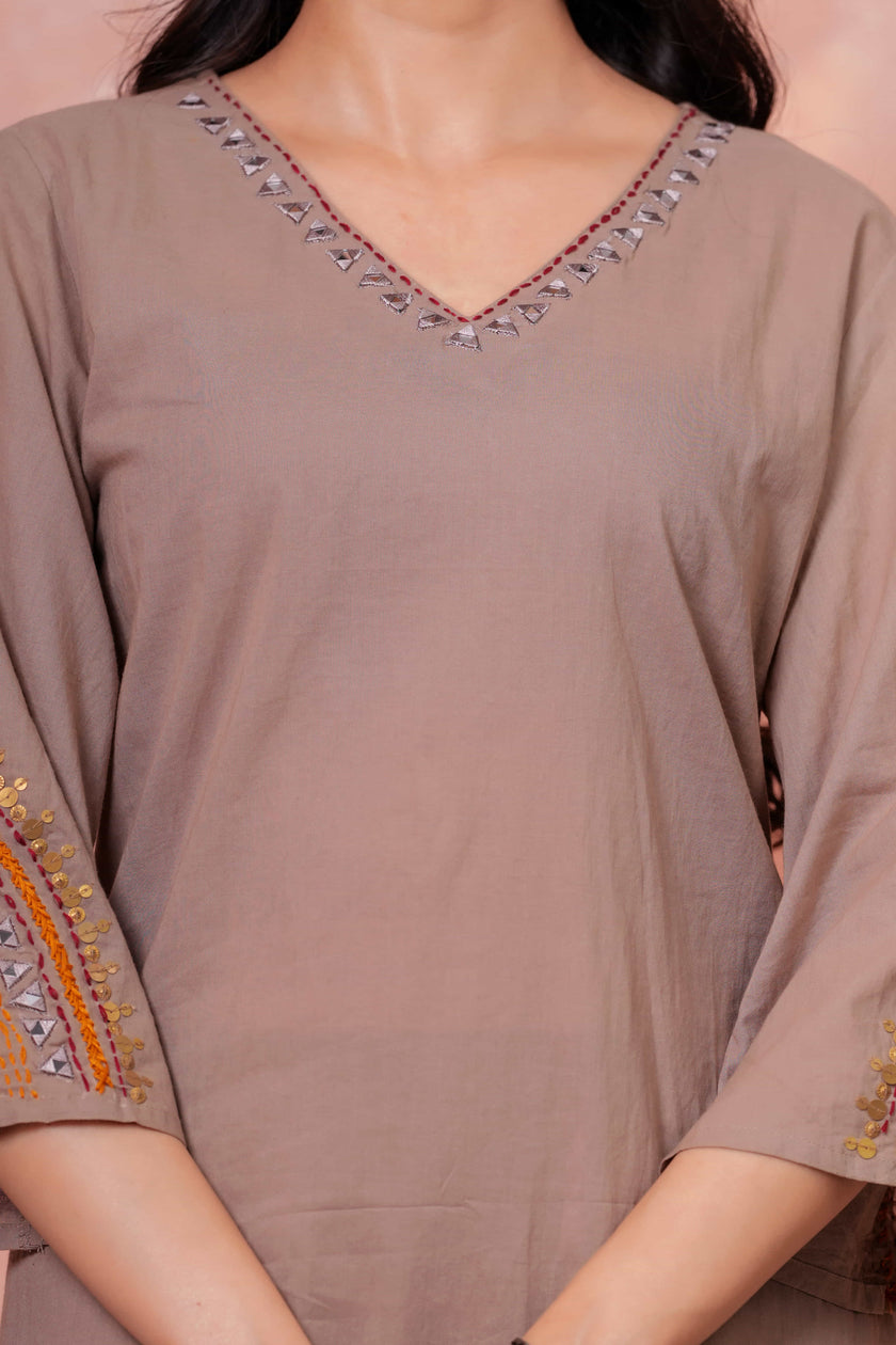 Saanjh Taupe Embroidered Kurta Set